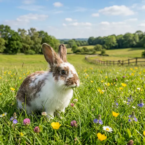 Fluffy Rabbit Nibbling on Green Grass in Beautiful Countryside