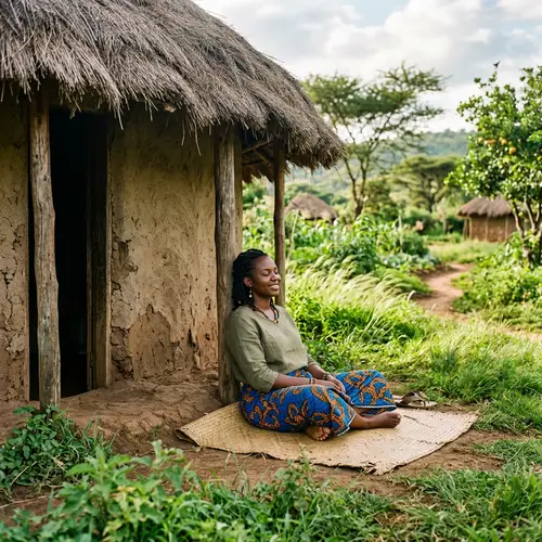 Black Woman Serenely Relaxing by a Grass Roofing House
