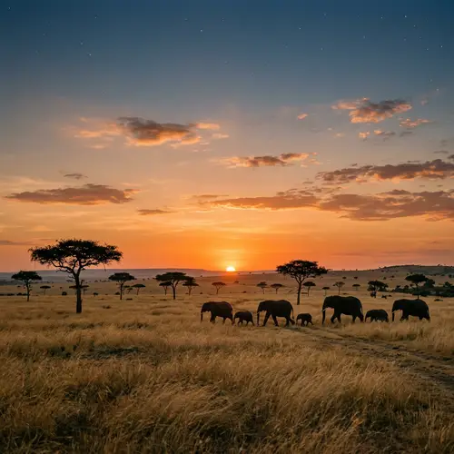 African Savanna at Sunset: Elephants in the Golden Grass