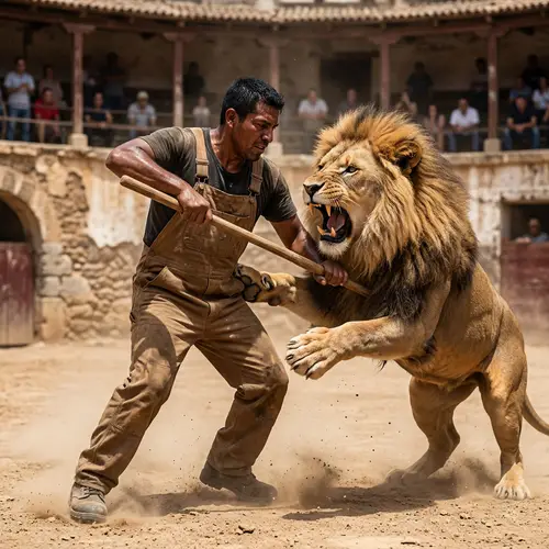 Hispanic Worker vs Lion: Courageous Battle in Dusty Arena