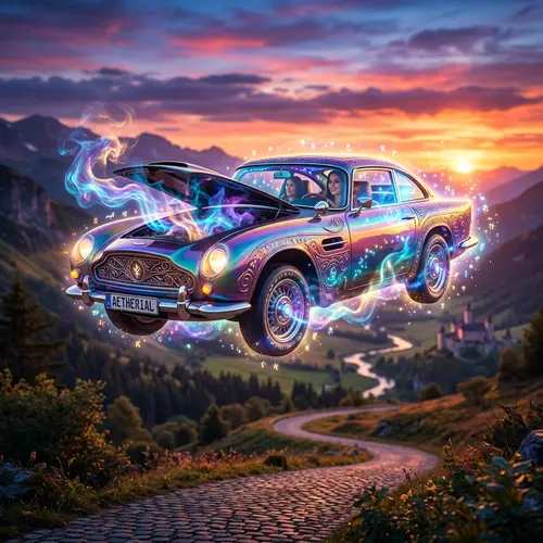 Magical Floating Car with Shimmering Lights | Sunset Scene