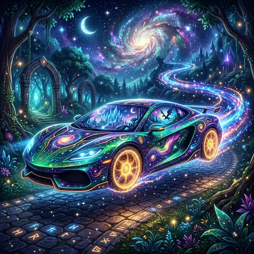 Enchanting Magical Car with Cosmic Designs | Radiant Suns & Dazzling Lights