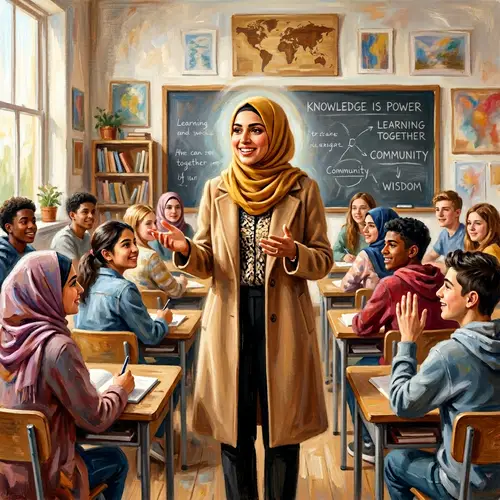 Confident Muslim Teacher in Impressionist Style Educational Painting