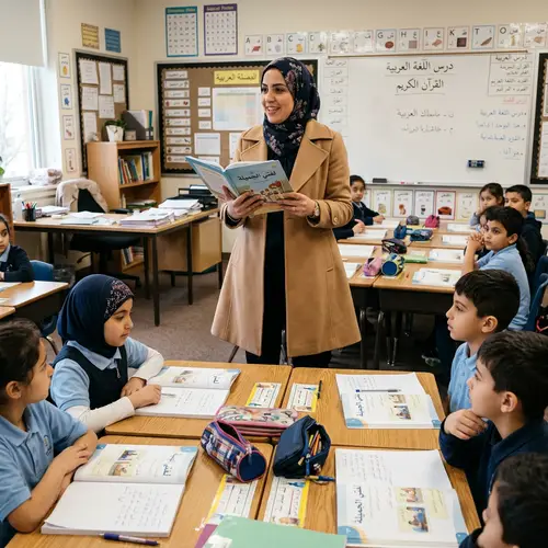 Professional Muslim Teacher in Flared Tan Coat and Hijab