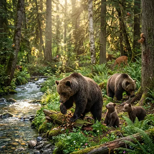 Brown Bears Foraging in Lush Forest - Wildlife Scene