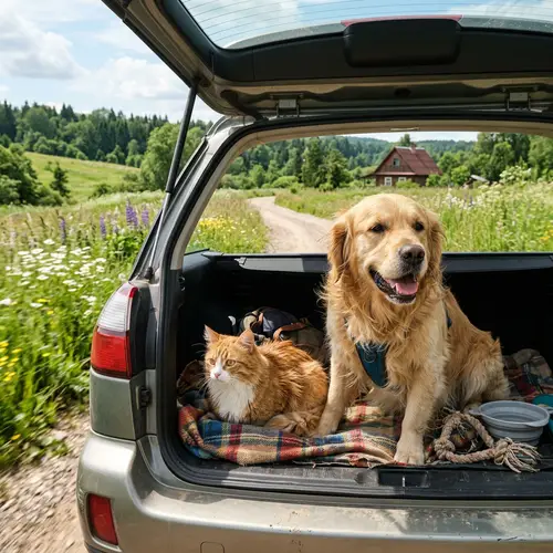 Cat and Dog Journey to Dacha: Photorealistic Scene
