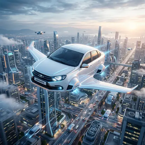 Futuristic White Lada Granta with Wings Soaring Above Cityscape