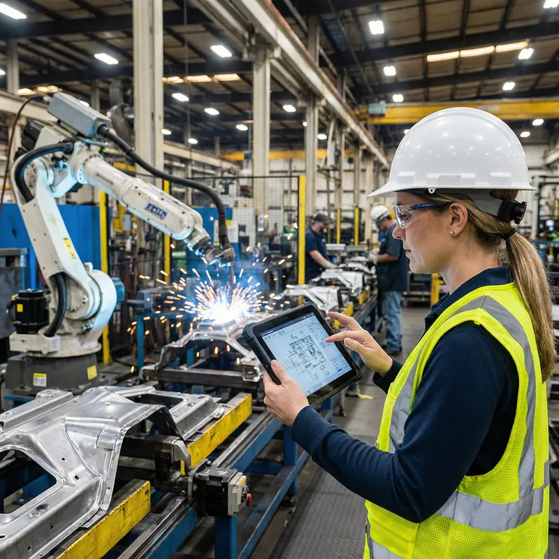 Worker Using Tablet in Manufacturing Plant Worker Using Tablet in Manufacturing Plant