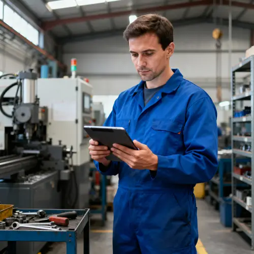 Worker Using Tablet in Manufacturing Plant
