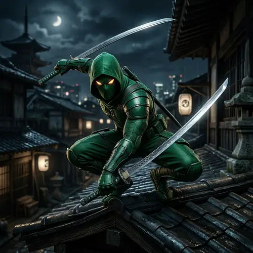 Emerald Ninja Warrior with Katana Swords | Stealthy Spider-Inspired Character