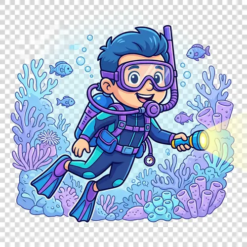Cartoon Scuba Diver Mascot in Blue and Purple