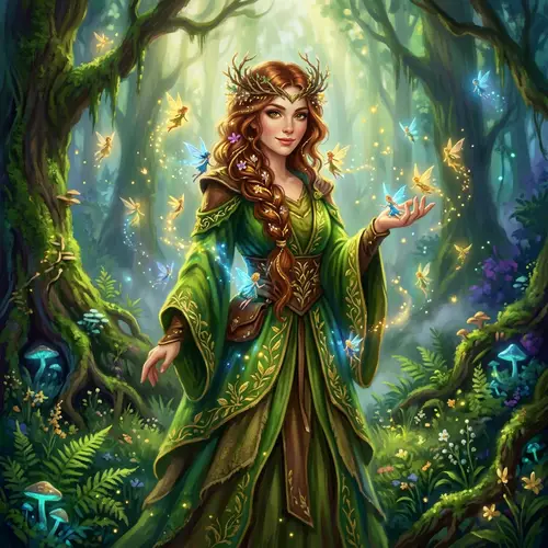 Enchanting Druid and Fairies in a Mystical Forest