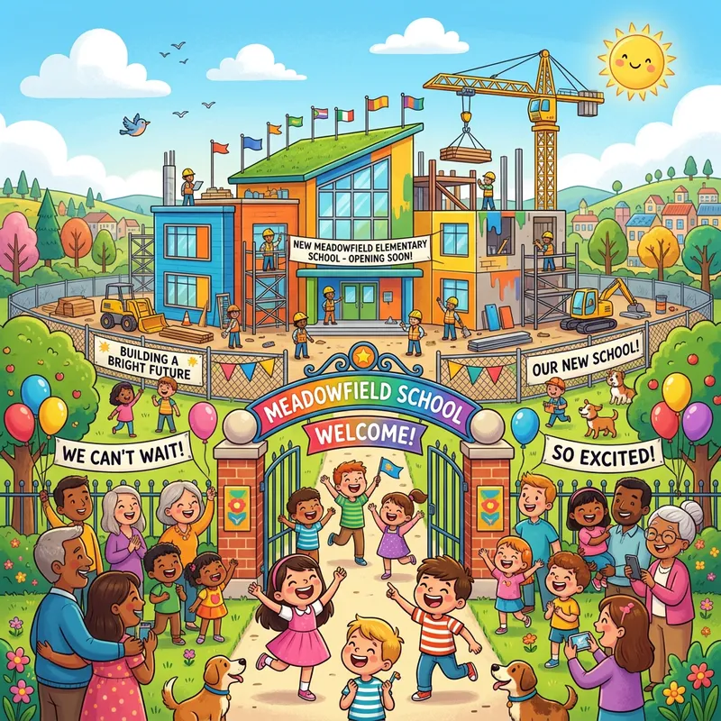 Colorful Cartoon of New School in Construction