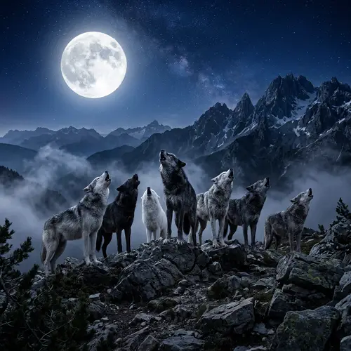 Mystical Wolves Howling Under a Full Moon