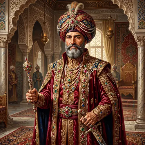 Historical Figure in 15th-Century Royal Attire | Lavishly Decorated Turban & Robe