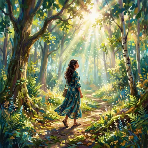 Ethereal Mystical Forest Scene | Serene Woman in Flowing Dress