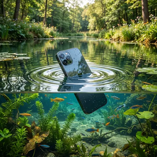 Modern Mobile Phone Accidentally Dropped in Tranquil Pond