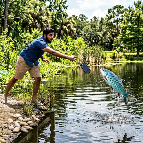 Man Catching Smartphone by Serene Water with Leaping Fish