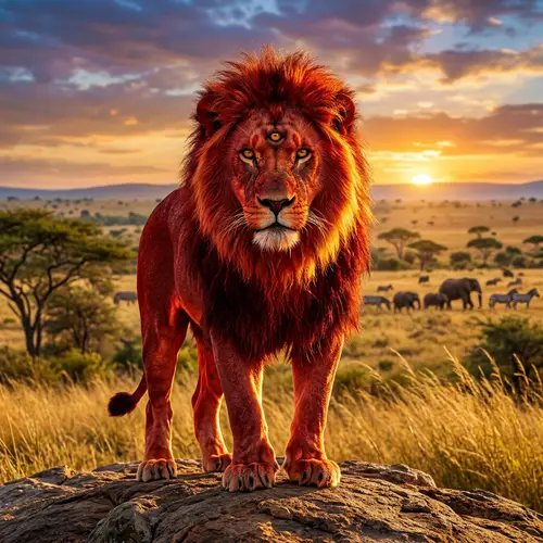 Red Lion with Three Eyes in Vast Savannah