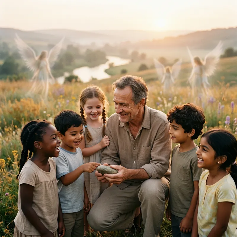 Jesus Interacting with Happy Children and Angels in Ethereal Scene