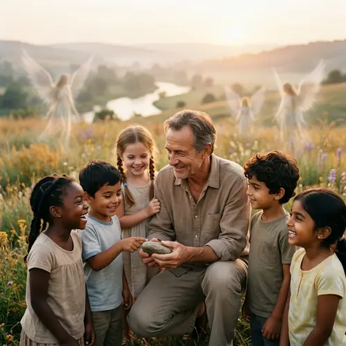 Jesus and Children Interacting Joyfully in Serene Landscape