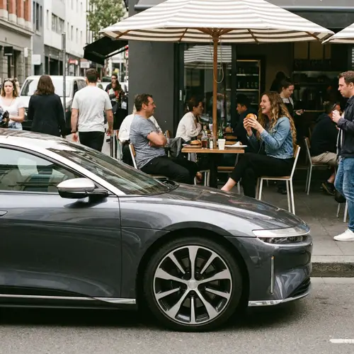 Modern Car on Street with Woman Eating Burger Outdoors