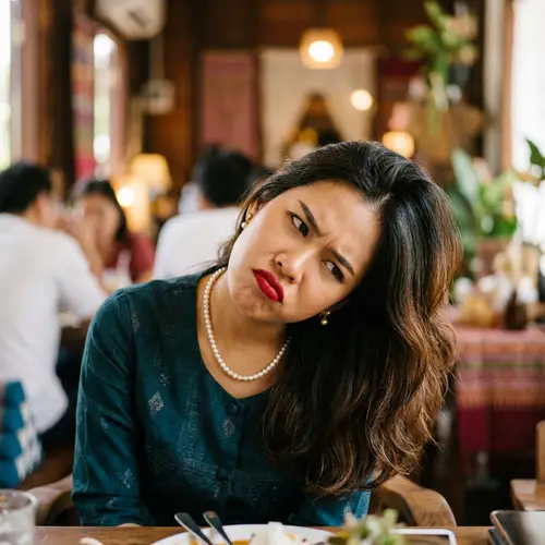 Thai Woman with Red Lipstick and Pearl Necklace - Comical Glare