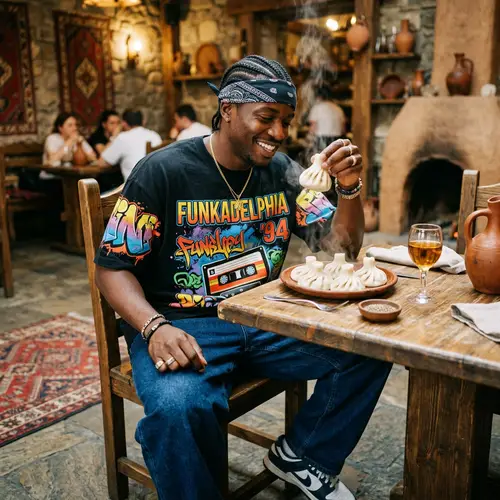 2Pac Enjoying Khinkali: A Hip-Hop Feast