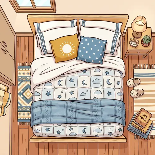 2D Cartoon Studio Bed with Pillows Aerial View