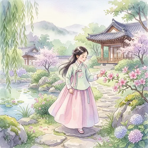 Traditional Korean Hanbok Watercolor Painting with Serene Garden Scene