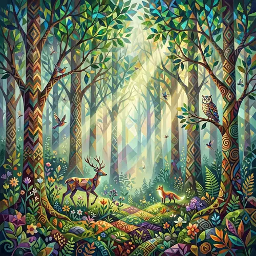 Abstract Forest Scene with Vibrant Green Canopies