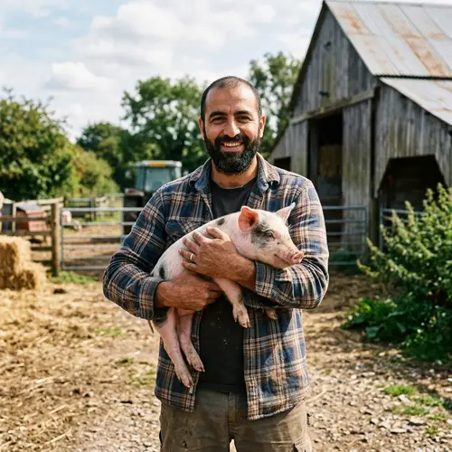 Middle Eastern Man Holding Pig - Cultural Diversity in Agriculture