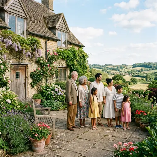 Diverse Family Standing in Country House Courtyard