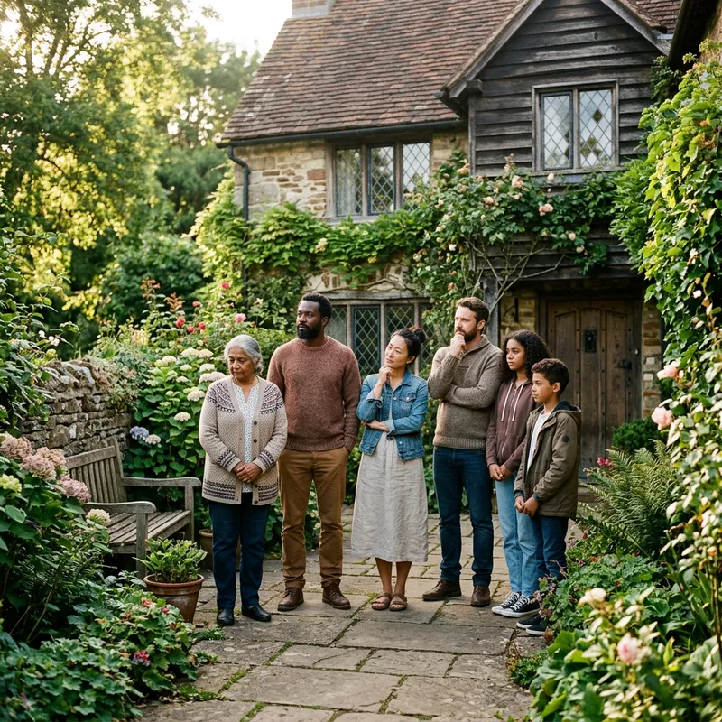 Family Reflecting in Country Home Courtyard