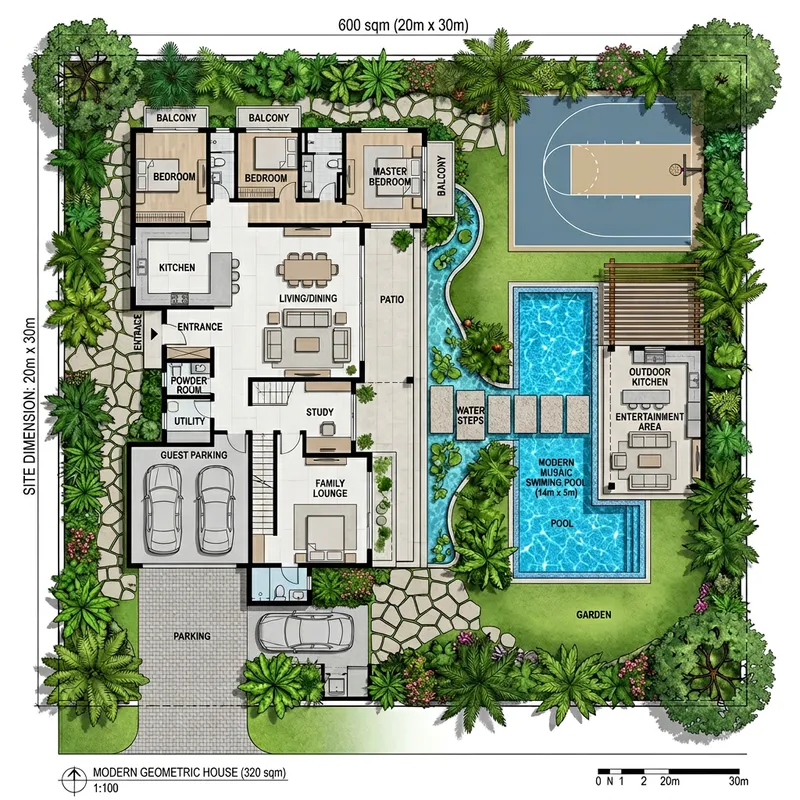 Geometric Two-Storey House Plan with Garden & Pool