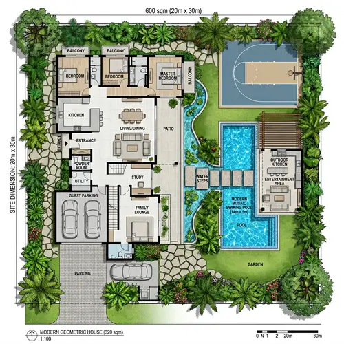 Geometric Two-Storey House Plan with Garden & Pool