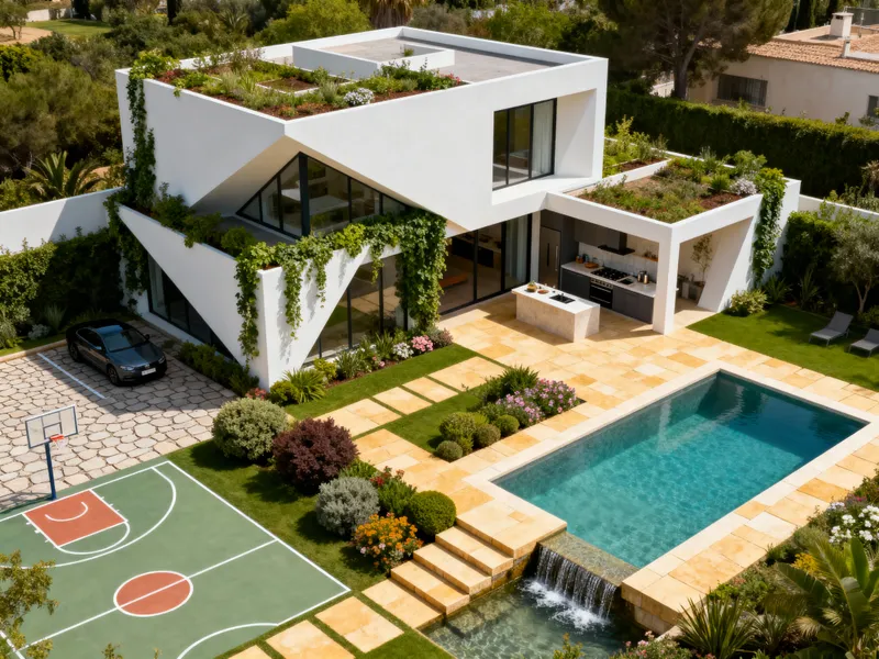 Geometric Two-Storey House Plan with Garden & Pool Geometric Two-Storey House Plan with Garden & Pool