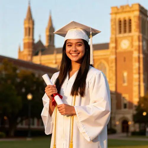 Proud Graduate in White Cap and Gown