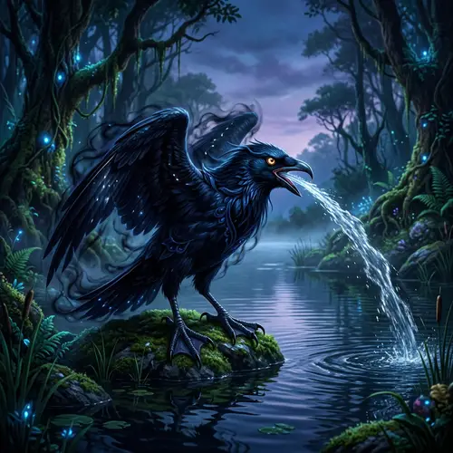 Dark and Water Type Bird-Like Fictional Creature in Mystical Forest by Serene Lake