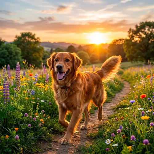 Radiant Sunset Colors: Active Healthy Dog in Lush Green Park