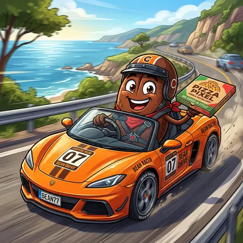 Coffee Bean Mascot Driving Sports Car