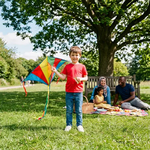 Playful Scene in the Park: Boy Flying Kite with Diverse Family Picnicking