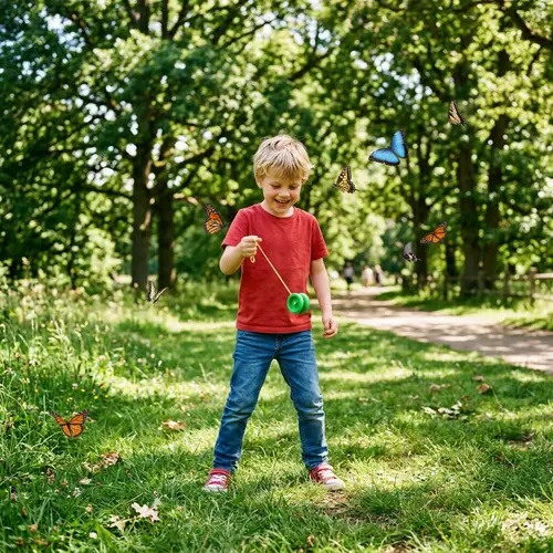 Cute Boy Playing with Green Yo-Yo in Sunny Park
