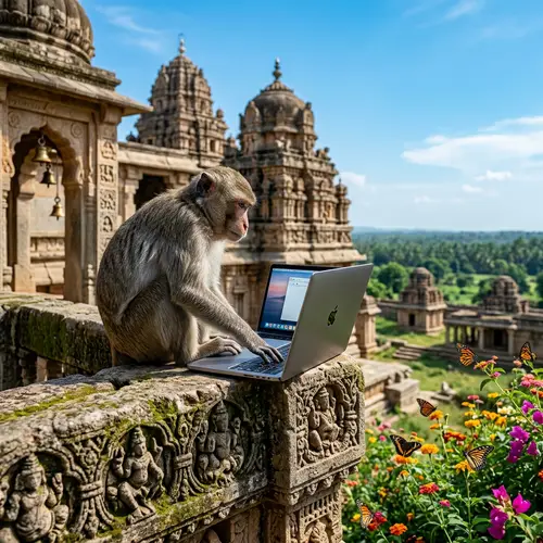 Curious Monkey Operating Laptop on Ancient Temple | Website Name