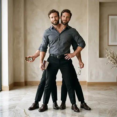 Surreal Image of a Caucasian Man with Two Heads, 4 Hands and 6 Legs