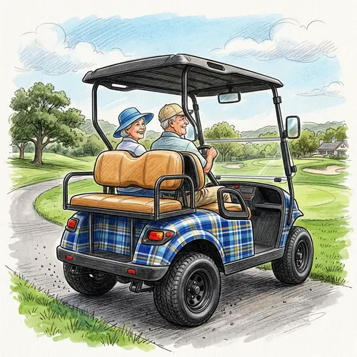 Plaid-Patterned Four-Passenger Rear-Facing Golf Cart | Blue & Yellow Design