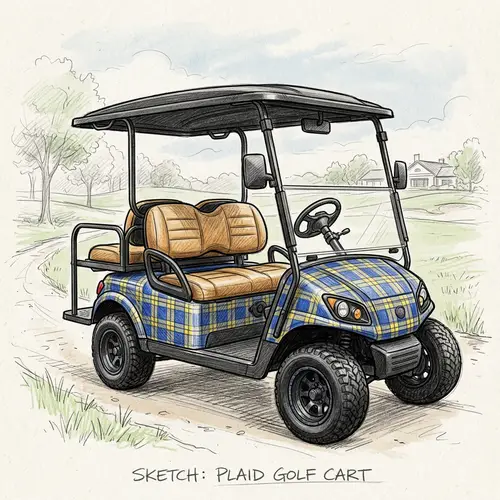 Blue & Yellow Plaid-Patterned Golf Cart | Hand-Drawn Sketch