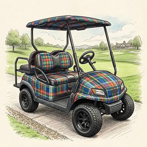 Detailed Plaid-Patterned Golf Cart Drawing