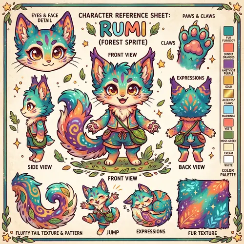 Vibrant and Colorful Kemono-style Furry Creature Reference Sheet