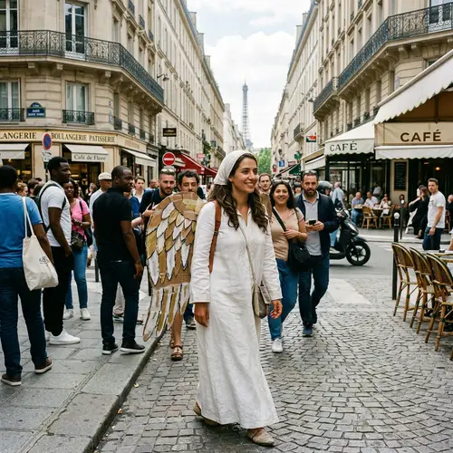 Diverse Paris Street Scene with Female Middle-Eastern Angel
